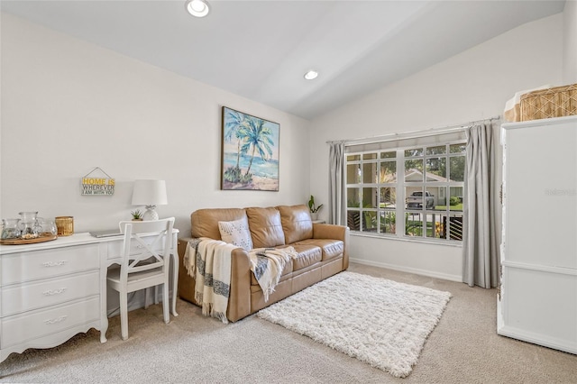 11830 Autumn Creek Dr, Riverview, FL 33569 - living room featuring lofted ceiling, light carpet, and recessed lighting