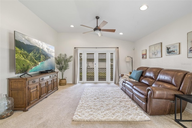 11830 Autumn Creek Dr, Riverview, FL 33569 - living room with a ceiling fan, light carpet, lofted ceiling, and recessed lighting