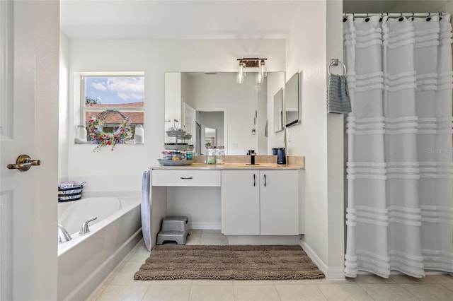11830 Autumn Creek Dr, Riverview, FL 33569 - full bathroom with vanity, a garden tub, tile patterned floors, and a shower with shower curtain