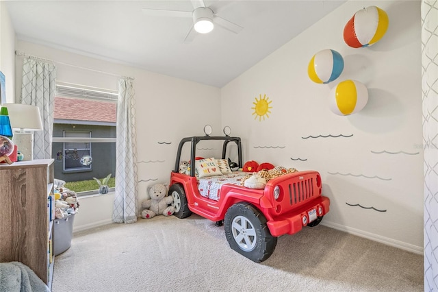 11830 Autumn Creek Dr, Riverview, FL 33569 - bedroom featuring carpet floors, lofted ceiling, and ceiling fan
