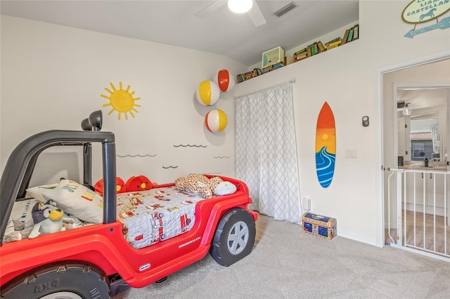 11830 Autumn Creek Dr, Riverview, FL 33569 - bedroom featuring carpet, vaulted ceiling, and a ceiling fan