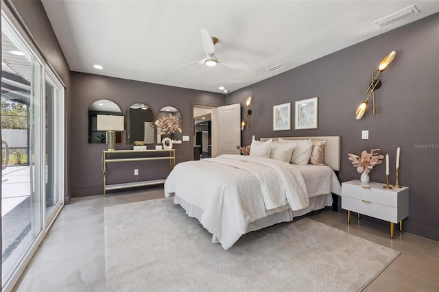 3197 Walnut St NE, Saint Petersburg, FL 33704 - bedroom with access to exterior, concrete floors, ceiling fan, and recessed lighting