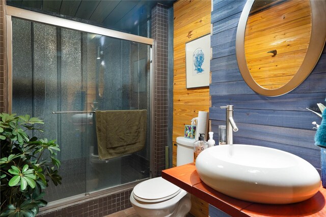 6924 Valrie Ln, Riverview, FL 33569 - bathroom with wooden walls and a stall shower