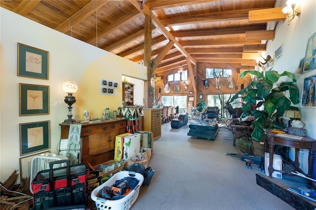 6924 Valrie Ln, Riverview, FL 33569 - misc room featuring a wood ceiling with exposed beams, carpet, and high vaulted ceiling