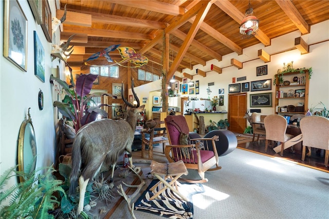 6924 Valrie Ln, Riverview, FL 33569 - living area featuring a wooden ceiling with exposed beams and high vaulted ceiling