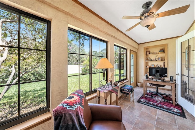 6709 Peachtree Dr, Temple Terrace, FL 33617 - tiled home office featuring built in features, crown molding, and ceiling fan