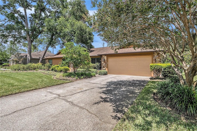 6709 Peachtree Dr, Temple Terrace, FL 33617 - view of front of property with an attached garage, driveway, a front yard, and stone siding