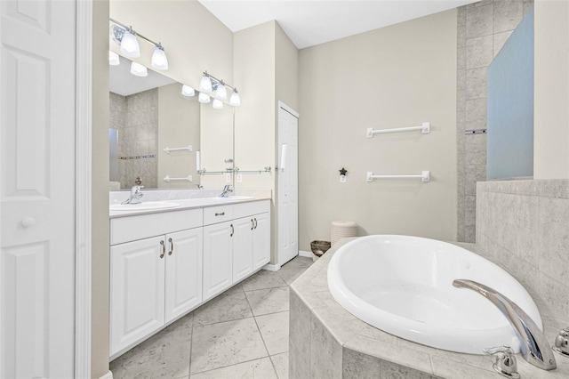 15420 27th Ct E, Parrish, FL 34219 - bathroom featuring a bath, double vanity, tile patterned flooring, and a tile shower
