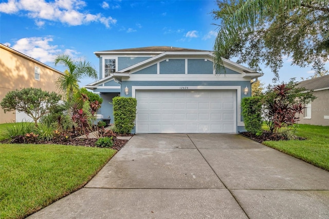 12424 White Bluff Rd, Hudson, FL 34669 - view of front of property featuring stucco siding, a front lawn, concrete driveway, and a garage