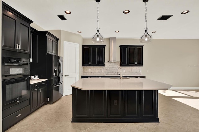 2120 Gwynhurst Blvd, Wesley Chapel, FL 33543 - kitchen featuring wall chimney range hood, dark cabinets, black appliances, light countertops, and recessed lighting