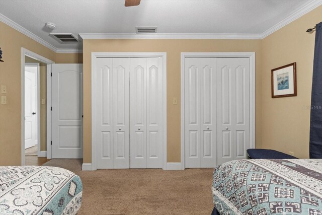 10584 N Dawnflower Pt, Crystal River, FL 34428 - bedroom featuring multiple closets, carpet floors, ornamental molding, and ceiling fan