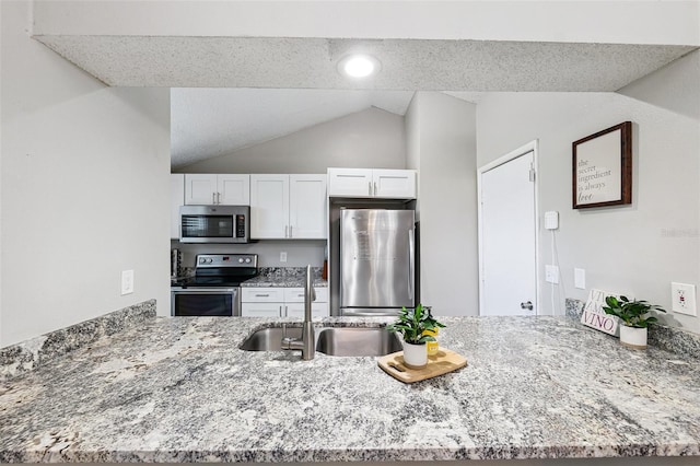 602 Timber Bay Cir W, Oldsmar, FL 34677 - kitchen featuring appliances with stainless steel finishes, vaulted ceiling, a peninsula, white cabinets, and light stone counters