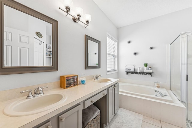 10409 Glen Willow Ln, Tampa, FL 33647 - full bath featuring a garden tub, tile patterned flooring, double vanity, and a stall shower