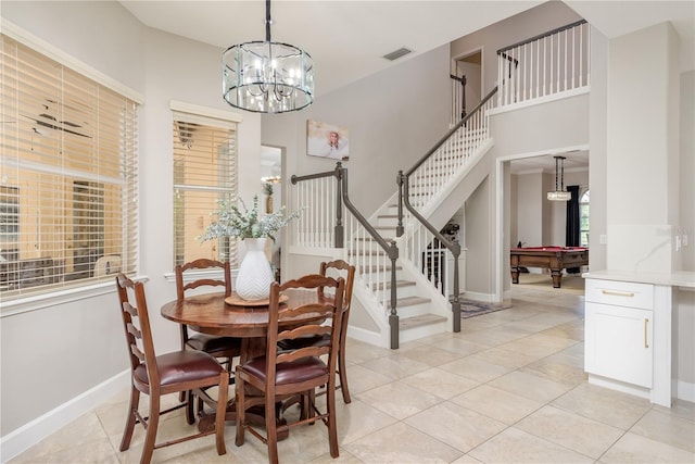3042 Wentworth Way, Tarpon Springs, FL 34688 - dining room featuring pool table, light tile patterned flooring, stairs, and a chandelier