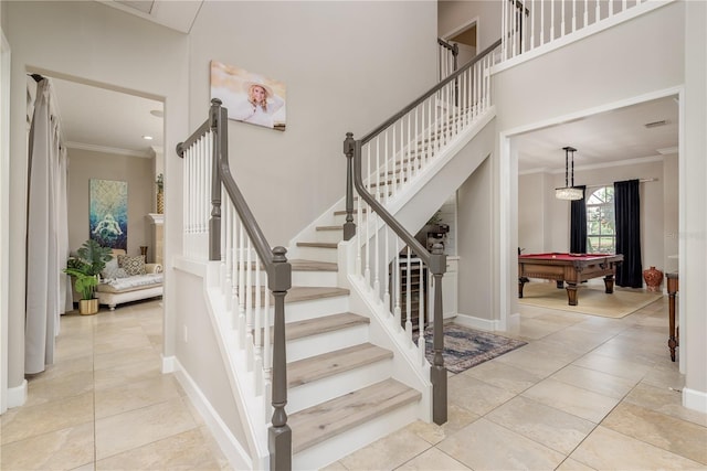 3042 Wentworth Way, Tarpon Springs, FL 34688 - staircase featuring ornamental molding, pool table, and tile patterned flooring