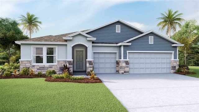 2637 Warren Acres Blvd, Wesley Chapel, FL 33543 - view of front of home featuring stone siding, a garage, concrete driveway, and a front yard