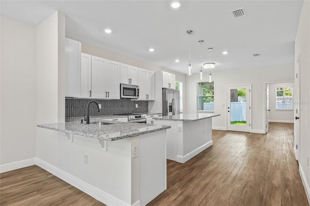 8319 N Ogontz Ave, Tampa, FL 33604 - kitchen with stainless steel appliances, a center island, recessed lighting, wood finished floors, and backsplash