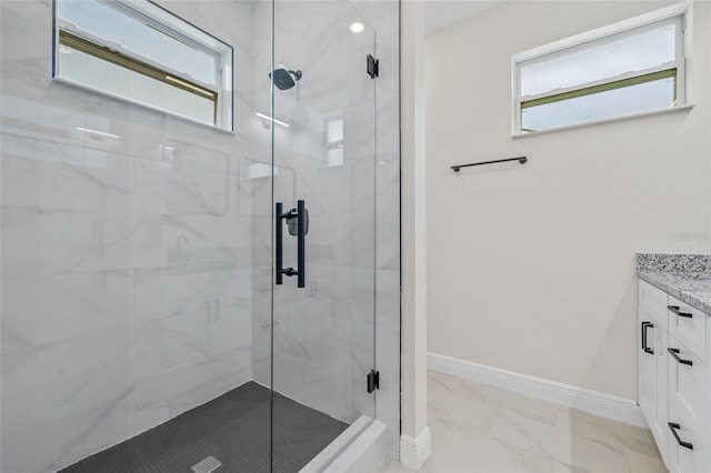 8319 N Ogontz Ave, Tampa, FL 33604 - full bathroom with healthy amount of natural light, a shower stall, vanity, and marble finish floors