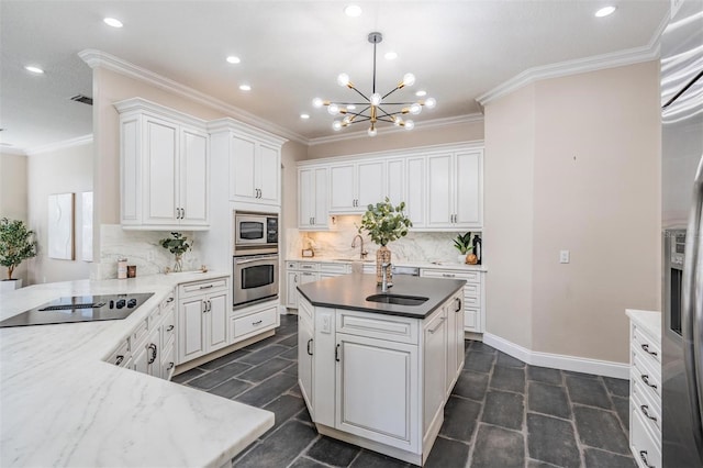 650 Geneva Pl, Tampa, FL 33606 - kitchen with stainless steel appliances, a chandelier, decorative backsplash, white cabinetry, and crown molding