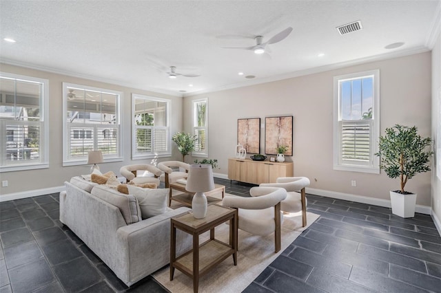 650 Geneva Pl, Tampa, FL 33606 - living room featuring ornamental molding, ceiling fan, and recessed lighting