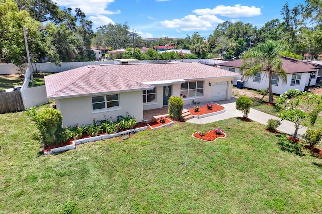 1223 Jasmine Way, Clearwater, FL 33756 - ranch-style house with a garage, stucco siding, a shingled roof, and driveway