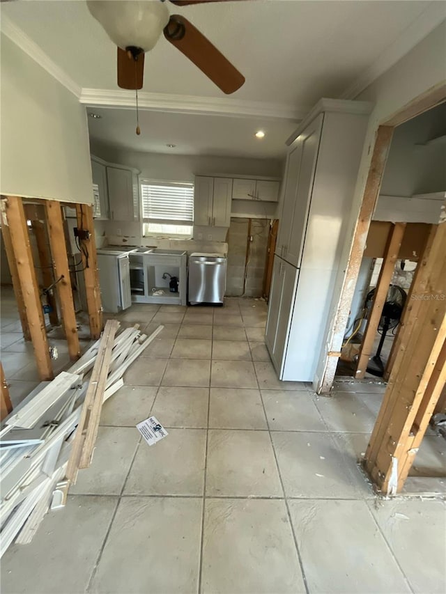 1782 Michigan Ave NE, Saint Petersburg, FL 33703 - kitchen with dishwasher, crown molding, gray cabinetry, a ceiling fan, and light tile patterned flooring