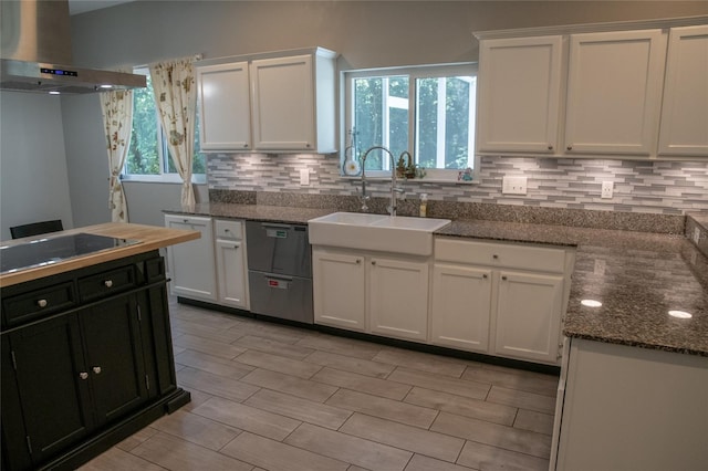 25435 Bruford Blvd, Land O Lakes, FL 34639 - kitchen featuring range hood, dishwasher, white cabinetry, and decorative backsplash