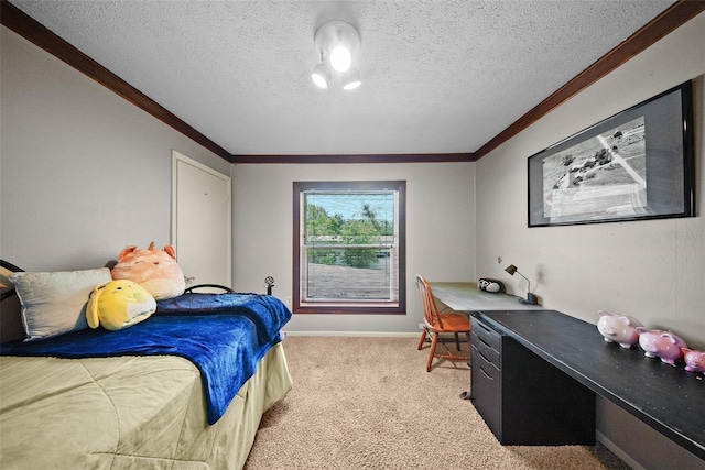1310 Rustlewood Dr, Brandon, FL 33510 - carpeted bedroom featuring crown molding, a textured ceiling, and built in desk