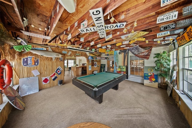 1310 Rustlewood Dr, Brandon, FL 33510 - recreation room with billiards table, plenty of natural light, carpet floors, vaulted ceiling, and wooden walls