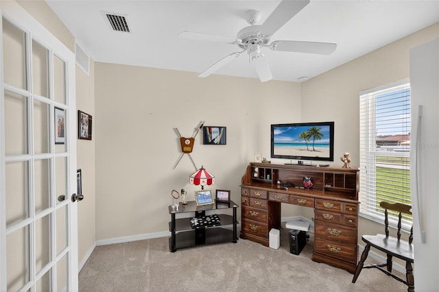 125 Paddock St, Lehigh Acres, FL 33974 - office area with light carpet, a ceiling fan, and french doors