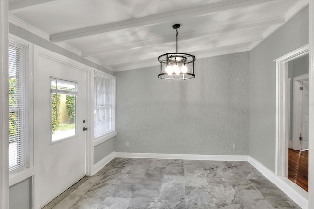 720 Woodward St, Lakeland, FL 33803 - unfurnished dining area featuring beam ceiling, a chandelier, ornamental molding, and a textured wall