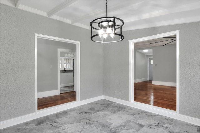 720 Woodward St, Lakeland, FL 33803 - empty room with a textured wall, a chandelier, beam ceiling, and ornamental molding