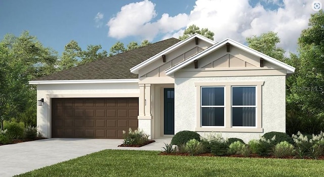 33618 Castaway Loop, Wesley Chapel, FL 33543 - view of front facade featuring a garage, stucco siding, roof with shingles, driveway, and a front lawn
