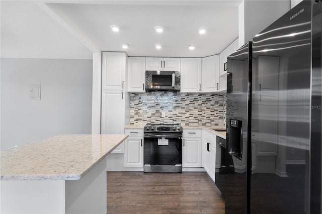 201 Bedford St Unit 79, Sun City Center, FL 33573 - kitchen with stainless steel appliances, dark wood-style floors, white cabinetry, tasteful backsplash, and recessed lighting