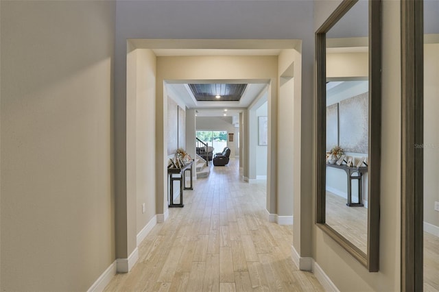2866 Quail Crest Ct, Valrico, FL 33594 - corridor with light wood-style flooring and a raised ceiling
