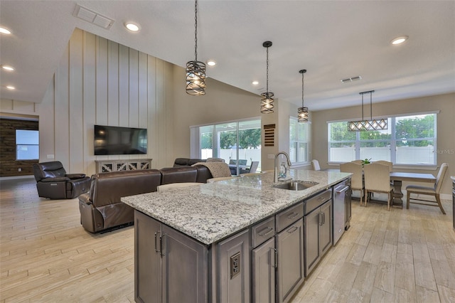2866 Quail Crest Ct, Valrico, FL 33594 - kitchen featuring light wood-style flooring, plenty of natural light, dishwasher, high vaulted ceiling, and recessed lighting