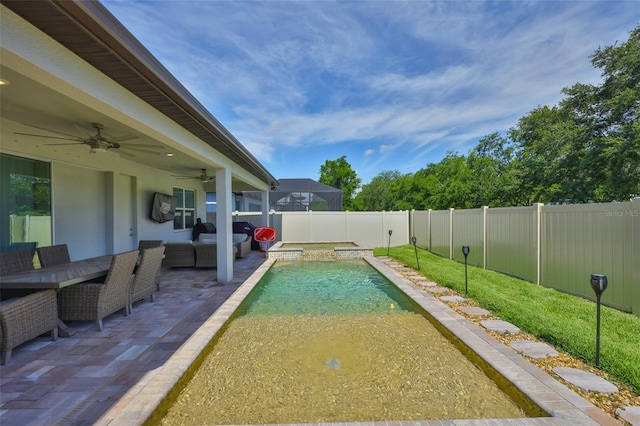 2866 Quail Crest Ct, Valrico, FL 33594 - view of swimming pool with a fenced backyard, a ceiling fan, a patio, an outdoor living space, and outdoor dining space