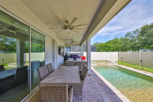 2866 Quail Crest Ct, Valrico, FL 33594 - fenced backyard featuring a ceiling fan, a patio, and outdoor lounge area