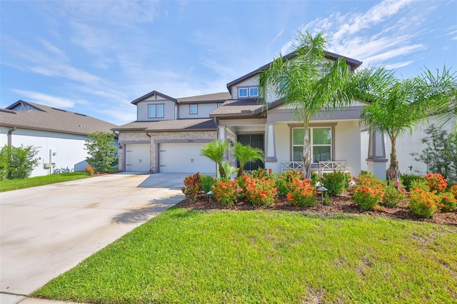 2866 Quail Crest Ct, Valrico, FL 33594 - craftsman house featuring concrete driveway, covered porch, a front lawn, and an attached garage