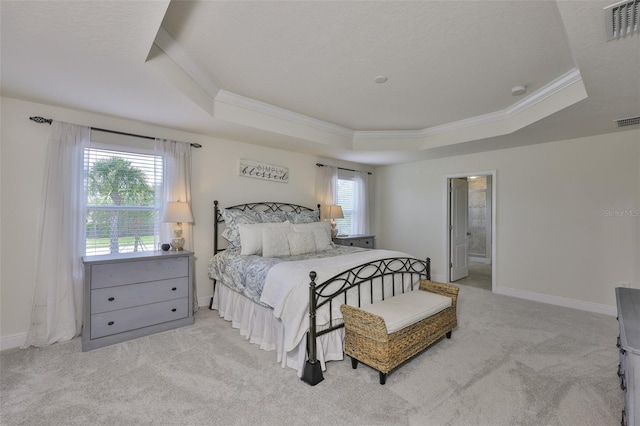 11044 Spring Point Cir, Riverview, FL 33579 - bedroom featuring a raised ceiling, crown molding, light carpet, and connected bathroom