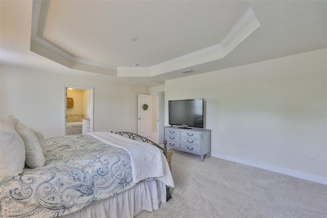 11044 Spring Point Cir, Riverview, FL 33579 - bedroom featuring a tray ceiling, ornamental molding, light carpet, and ensuite bathroom