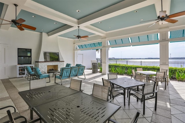 11044 Spring Point Cir, Riverview, FL 33579 - view of patio featuring ceiling fan, outdoor dining area, a water view, and outdoor lounge area