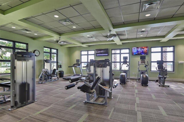 11044 Spring Point Cir, Riverview, FL 33579 - workout area with coffered ceiling, carpet flooring, healthy amount of natural light, recessed lighting, and beamed ceiling