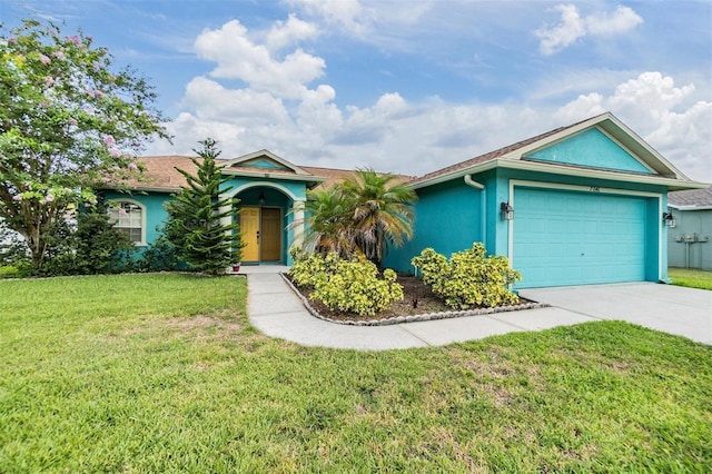 7046 Frascati Loop, Wesley Chapel, FL 33544 - ranch-style house with stucco siding, driveway, an attached garage, and a front yard