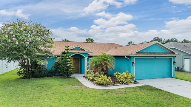 7046 Frascati Loop, Wesley Chapel, FL 33544 - ranch-style home with concrete driveway, stucco siding, an attached garage, and a shingled roof