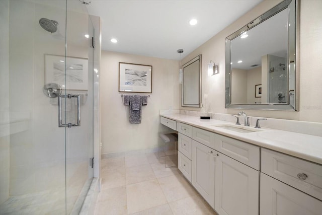 4 Belleview Blvd Unit 305, Belleair, FL 33756 - full bath featuring a stall shower, vanity, recessed lighting, and tile patterned floors