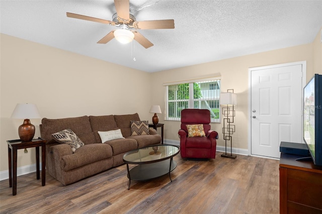 10033 64th Ave N Unit 4, Saint Petersburg, FL 33708 - living room with wood finished floors, a ceiling fan, and a textured ceiling
