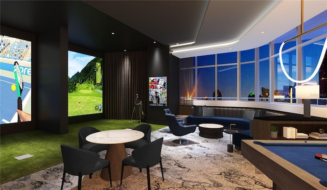 235 1st Ave S Unit 2405, Saint Petersburg, FL 33701 - game room featuring golf simulator, carpet, and a raised ceiling