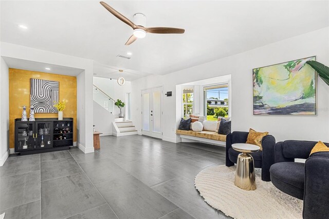 380 Colony Point Rd S, Saint Petersburg, FL 33705 - living area with stairs, ceiling fan, and recessed lighting