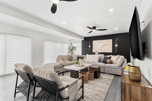 380 Colony Point Rd S, Saint Petersburg, FL 33705 - living room with ceiling fan, recessed lighting, and tile patterned floors